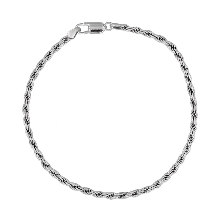 Rhodium Plated 2.9mm Diamond-Cut Rope Link 8" Bracelet