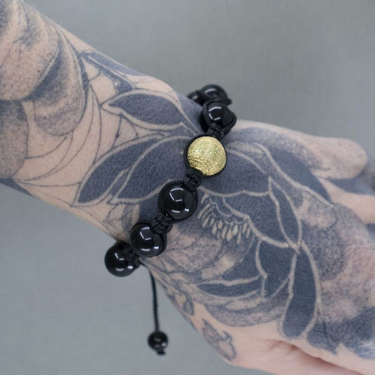 Gold Plated Onyx & Pavé Set Yellow Diamond Adjustable Macramé Bracelet