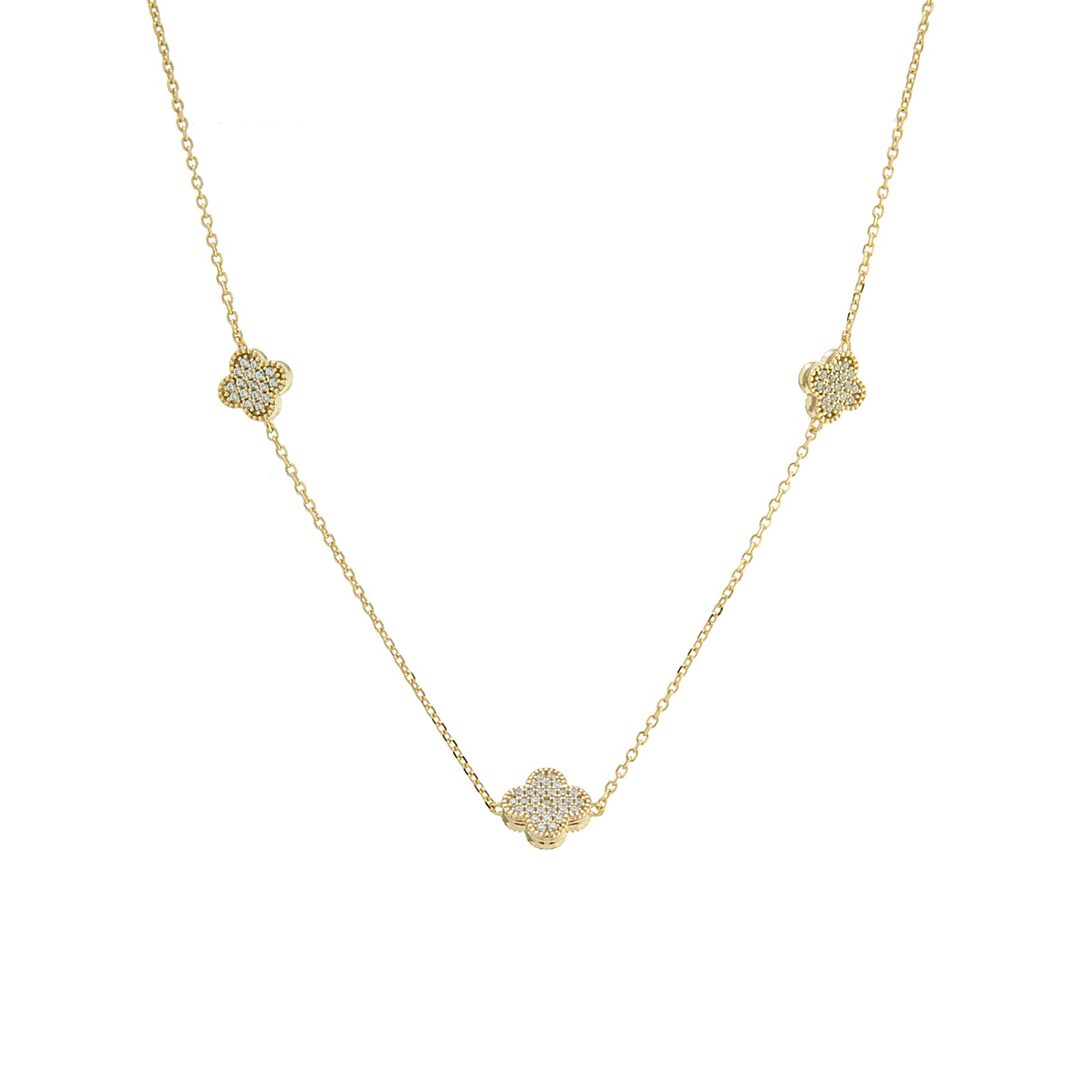 14K Gold Plated CZ Triple Clover Necklace