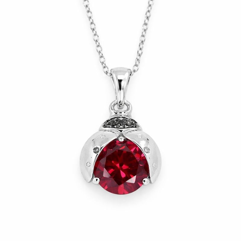 Sterling Silver Ruby & Black Diamond Ladybug Pendant Necklace