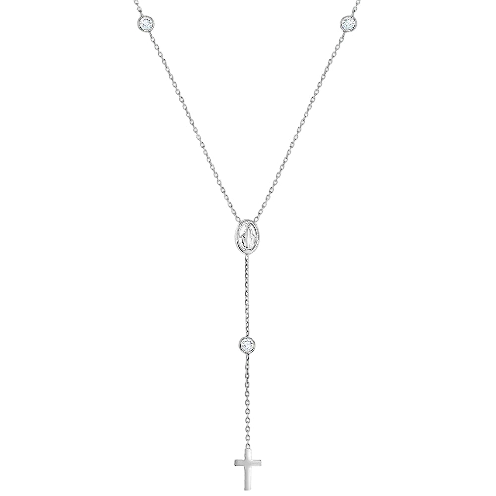 Sterling Silver Clear CZ Rosary & Cross Children's Necklace