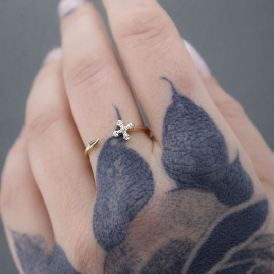 14k Gold Plated CZ Cross & Spike Ring