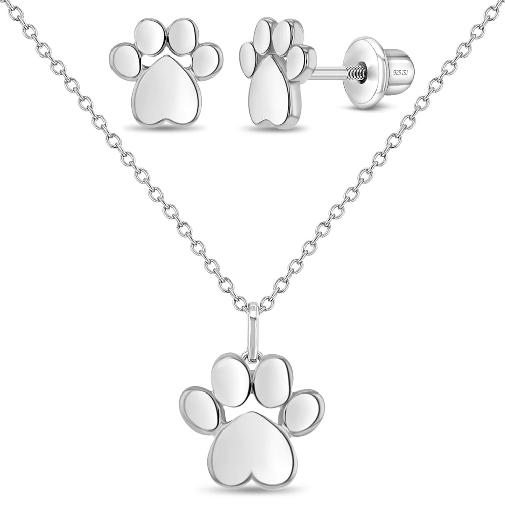 Sterling Silver Dog Paw Children's Earring & Necklace Set