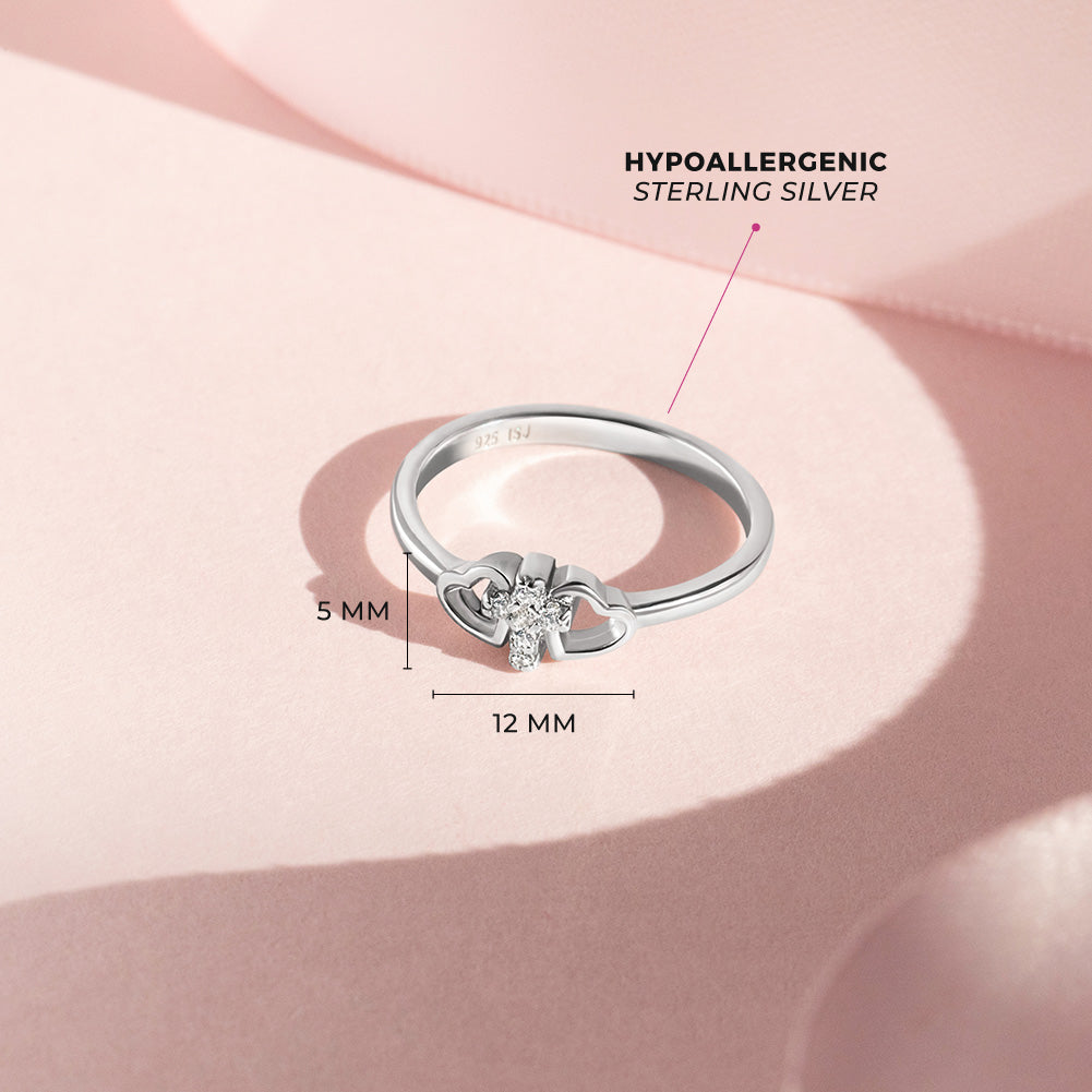Sterling Silver Heart & Clear CZ Cross Children's Ring