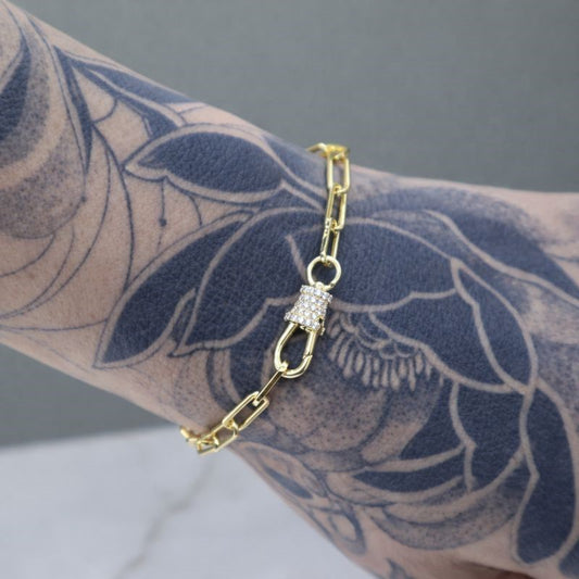 14K Gold Plated Lock Paperclip Link Bracelet with CZ Accent