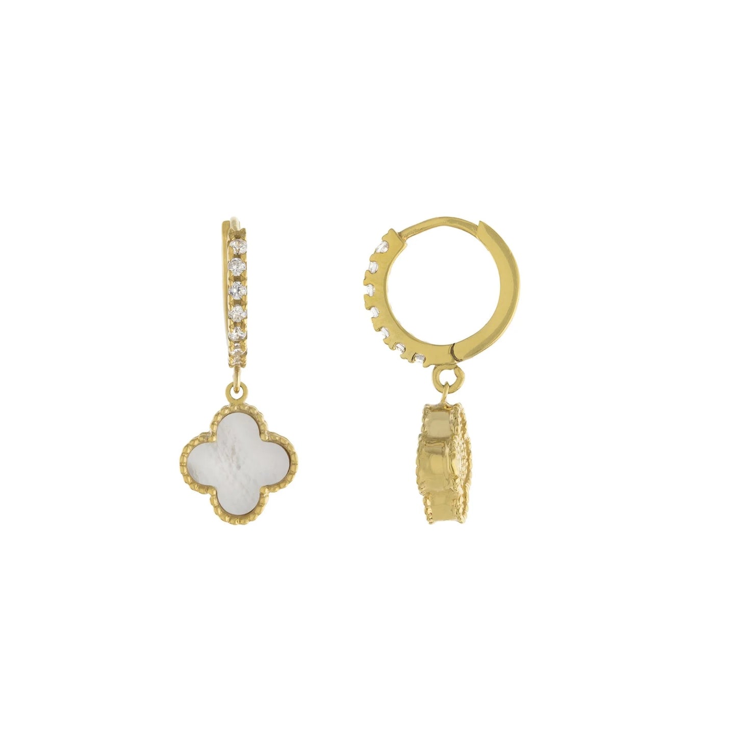 14K Gold Plated CZ Huggie Hoops with Mother of Pearl Clover Drop