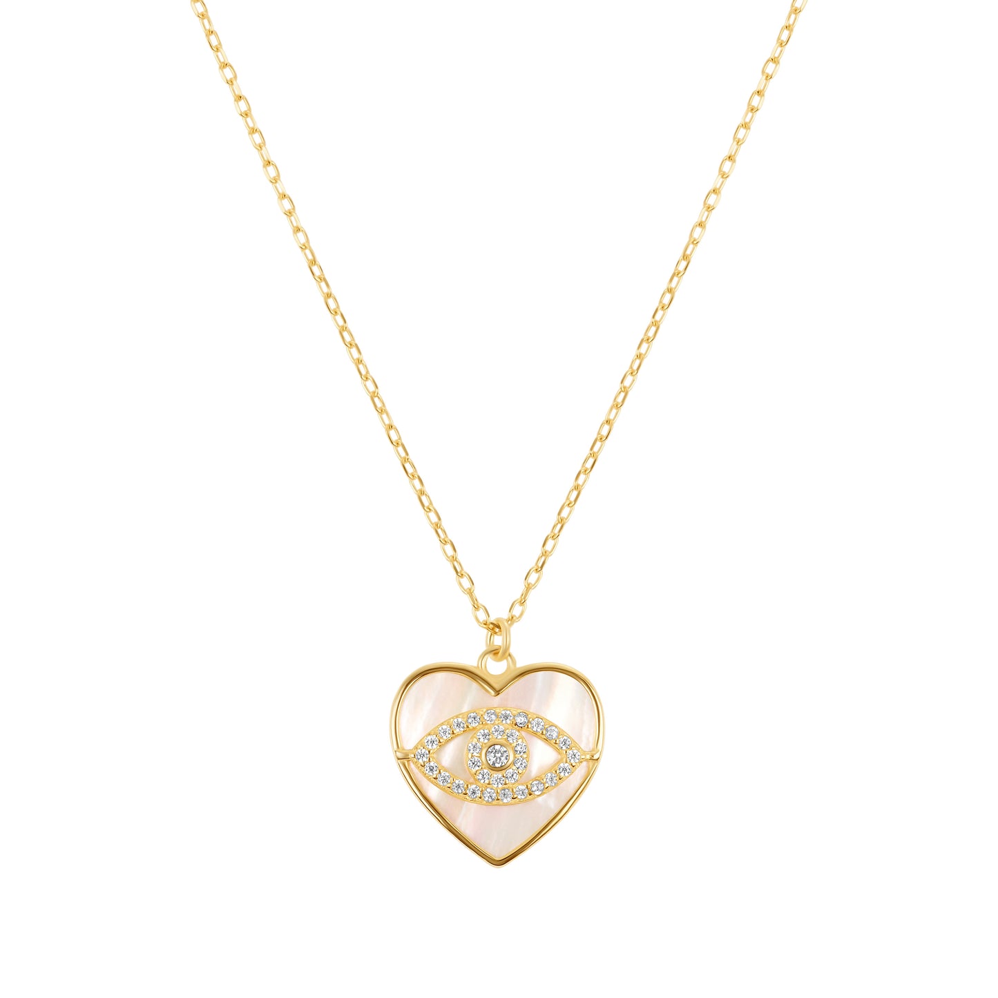 14K Gold Plated Mother of Pearl Heart & CZ Evil Eye Necklace