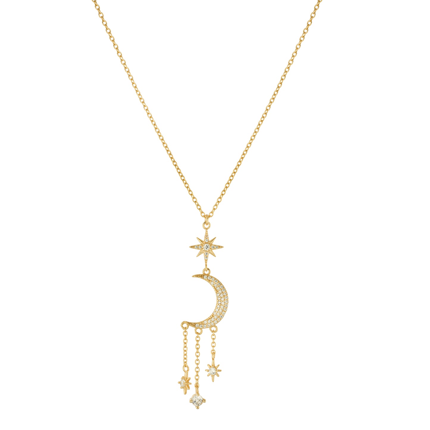 14K Gold Plated CZ Moon, Star & Starburst Drop Necklace