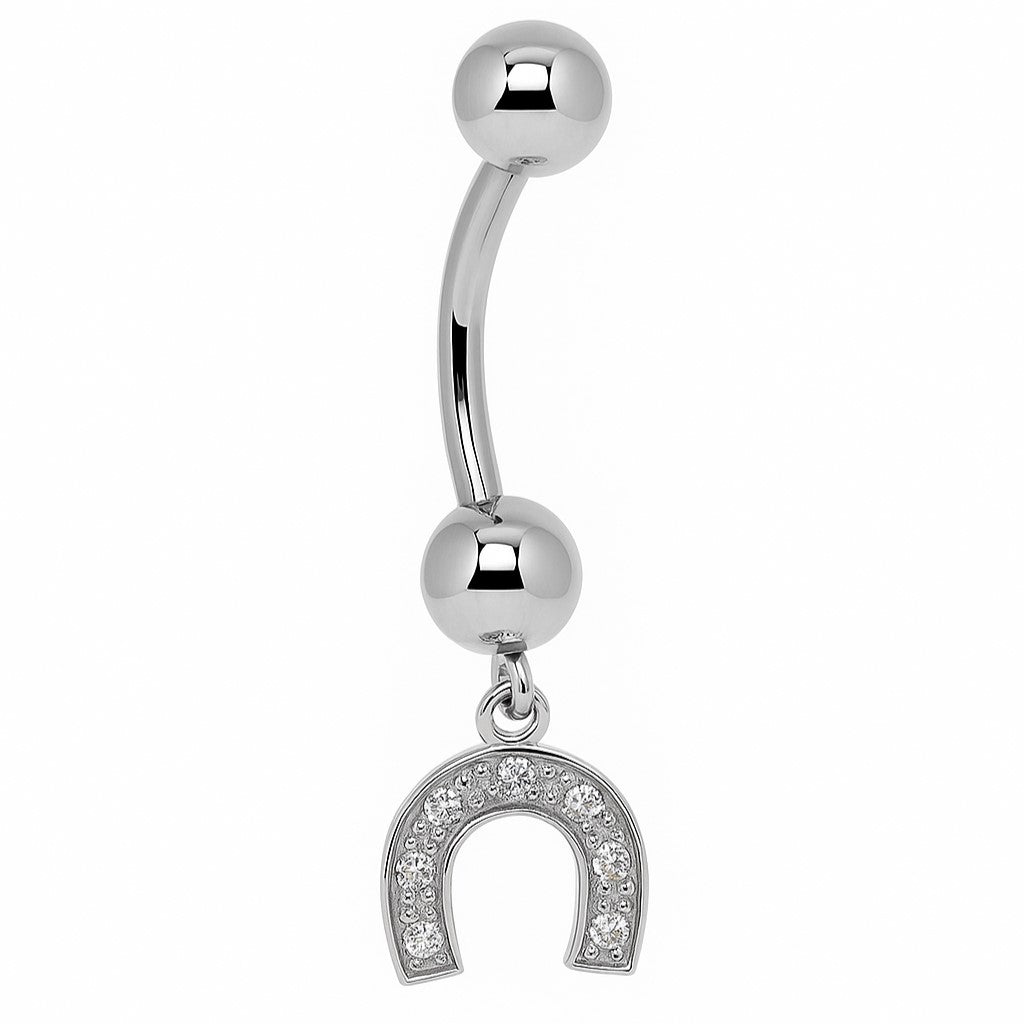 14K White Gold Dangle CZ Horseshoe Navel Ring
