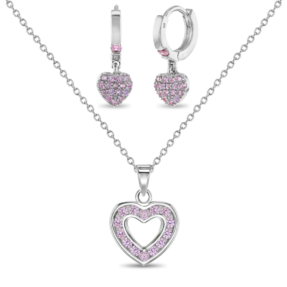 Sterling Silver Pink CZ Heart Children's Earring & Necklace Set