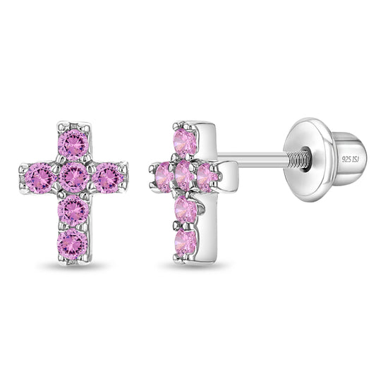 Sterling Silver Pink CZ Cross Children's Earrings