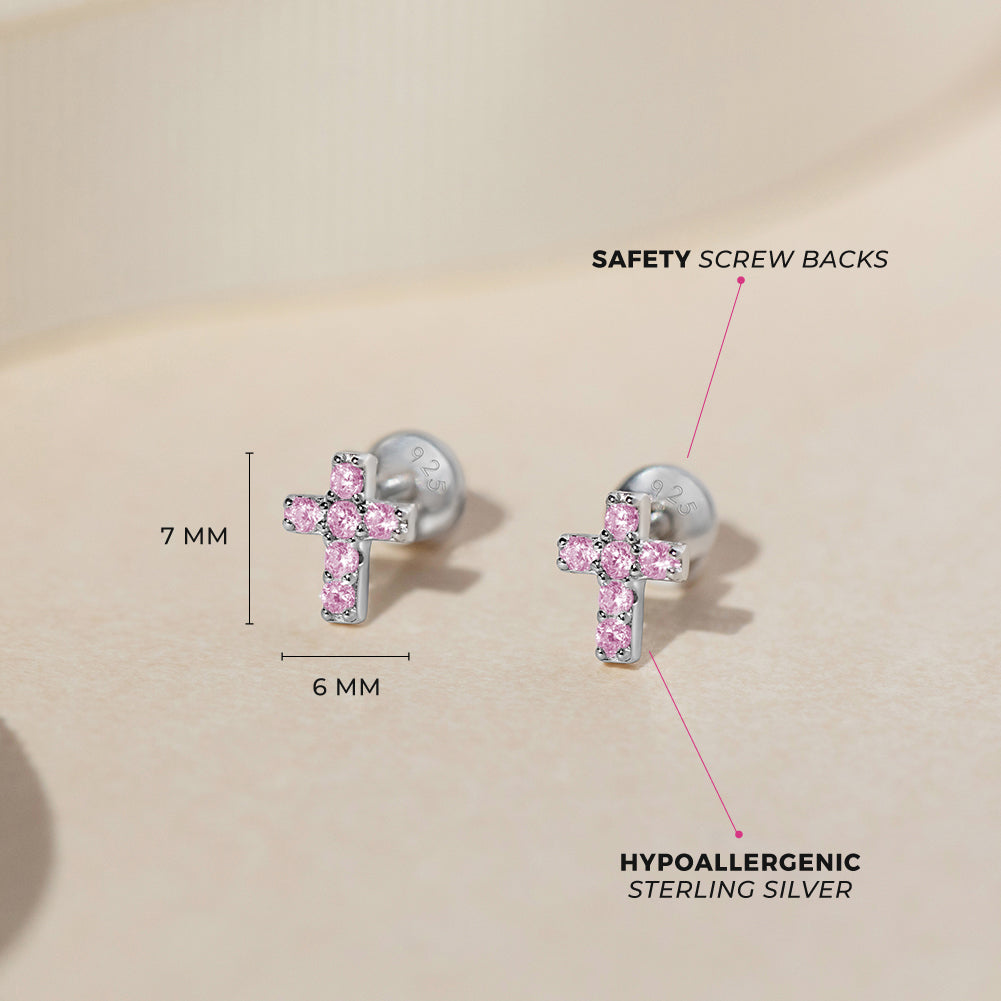 Sterling Silver Pink CZ Cross Children's Earrings