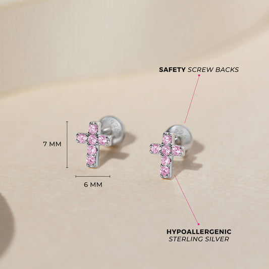 Sterling Silver Pink CZ Cross Children's Earrings