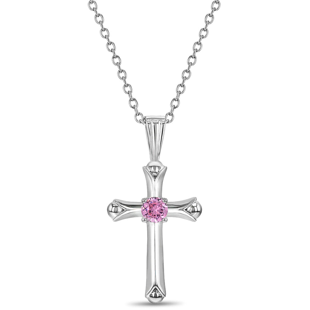 Sterling Silver Pink CZ Cross Children's Necklace