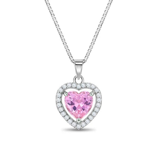 Sterling Silver Pink & White CZ Heart Children's Necklace