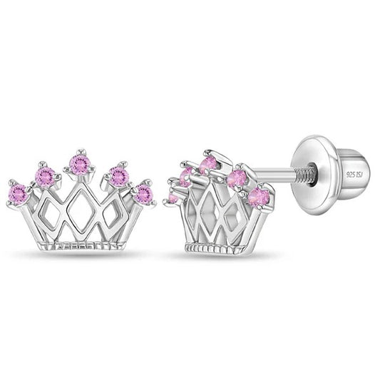 Sterling Silver Pink CZ Crown Children's Earrings