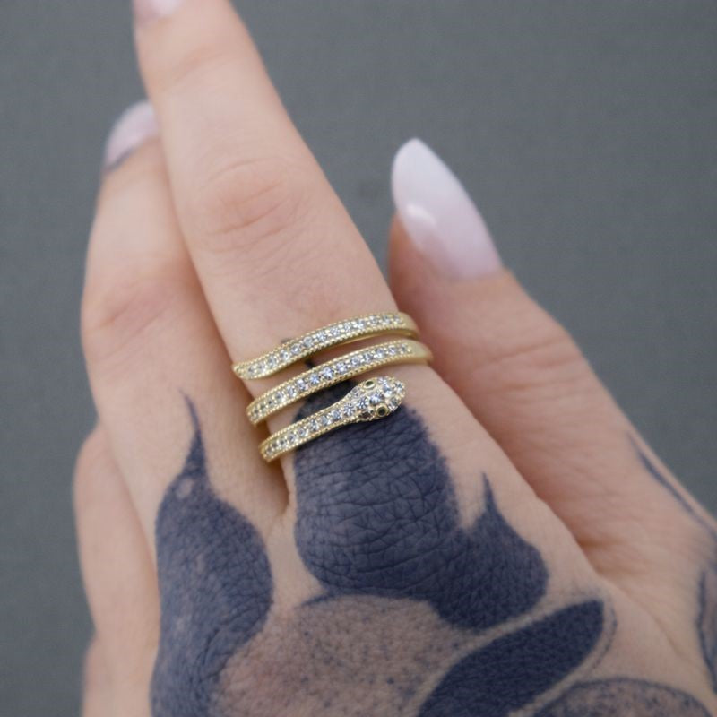 14k Gold Plated CZ Snake Multi Row Ring