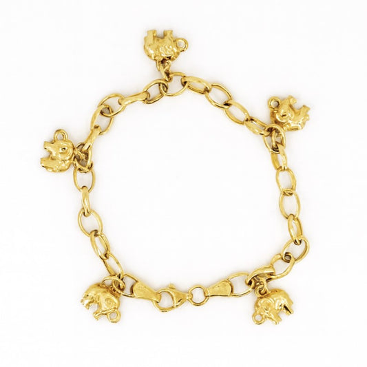 10K Gold Plated 7" Elephant Dangle Charm Bracelet