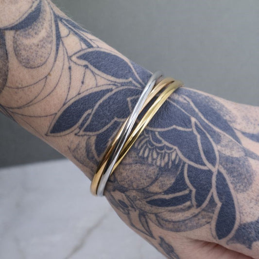 Stainless Steel 14K Plated Tri-Color Interlocked Bracelet Set