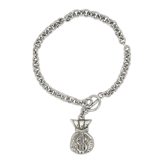 Rhodium Plated Money Bag Rolo Link 7.5" Bracelet