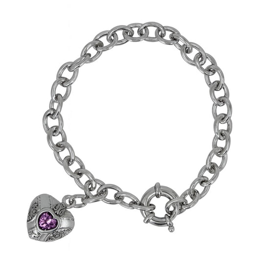 Sterling Silver Rolo Link Pink Sapphire Heart Bracelet