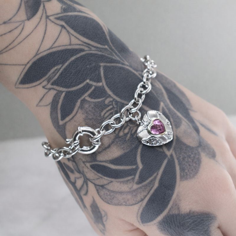 Sterling Silver Rolo Link Pink Sapphire Heart Bracelet