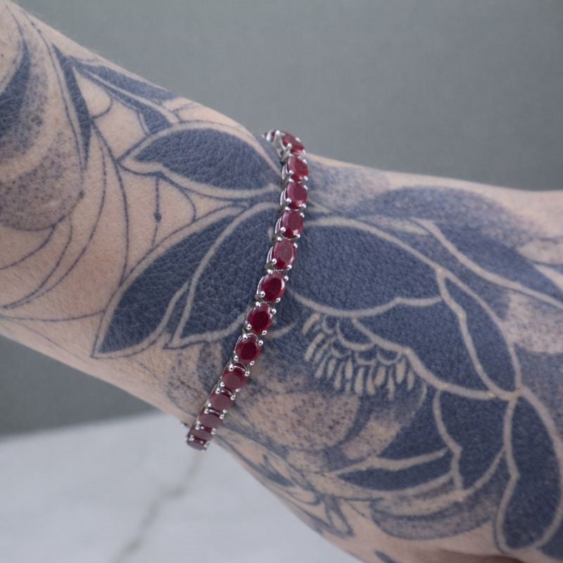 Sterling Silver 7" Glass-Filled Genuine Ruby Ladies Bracelet