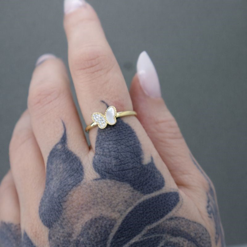 14k Gold Plated CZ & Mother of Pearl Butterfly Ring