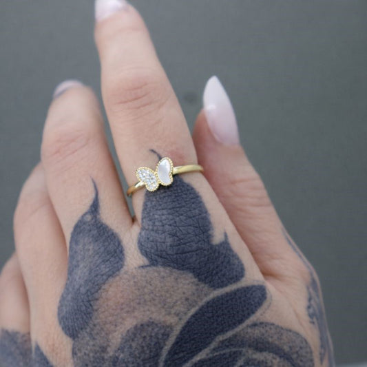 14k Gold Plated CZ & Mother of Pearl Butterfly Ring