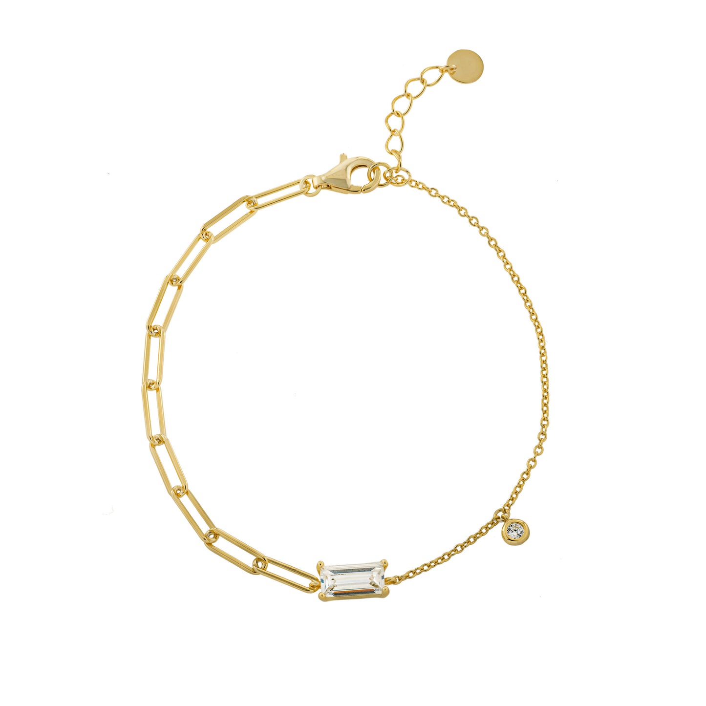 14K Gold Plated Rectangle CZ Two-in-One Rolo & Paperclip Bracelet