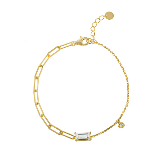 14K Gold Plated Rectangle CZ Two-in-One Rolo & Paperclip Bracelet