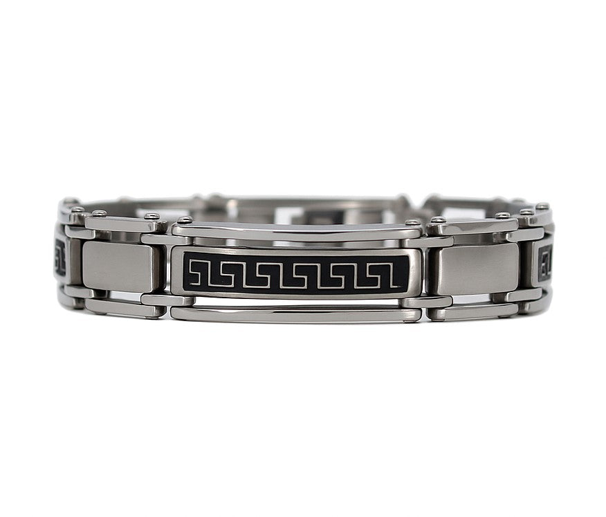 Stainless Steel Black Rhodium Greek Key Link 8.7" Bracelet