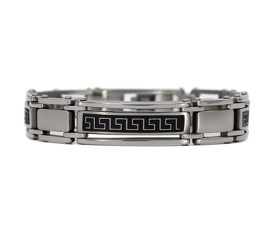 Stainless Steel Black Rhodium Greek Key Link 8.7" Bracelet