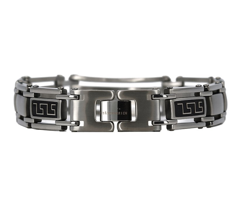 Stainless Steel Black Rhodium Greek Key Link 8.7" Bracelet