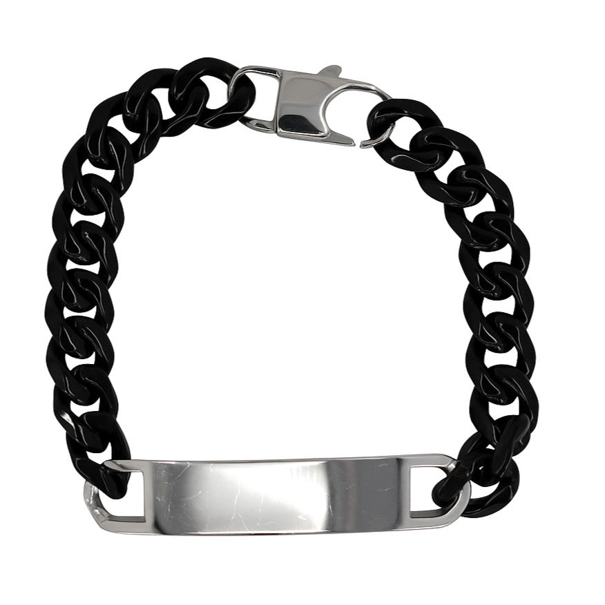 Stainless Steel & Black IP Plating Engravable ID Curb Link 8.5" Bracelet