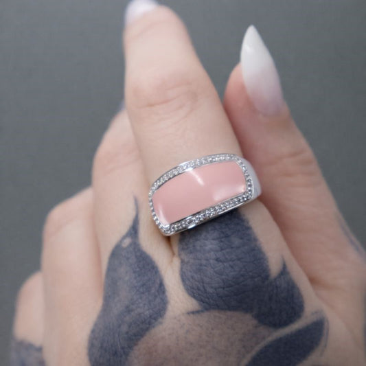 Sterling Silver Pink Enamel & Diamond Vintage Cigar Band Ring