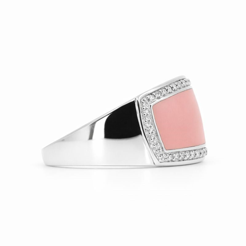 Sterling Silver Pink Enamel & Diamond Vintage Cigar Band Ring