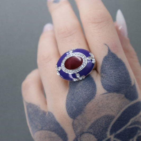 Sterling Silver Purple & Maroon Enamel Diamond Vintage Ring