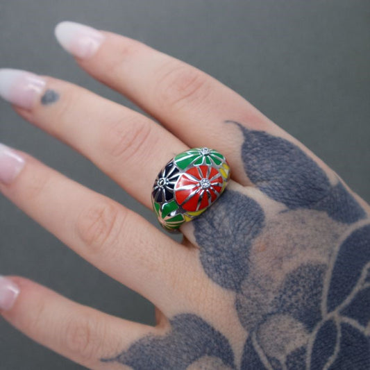 Sterling Silver Multi-Colored Enamel & Diamond Accent Vintage Flower Ring