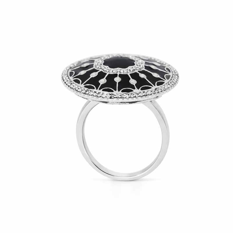 Sterling Silver Black Enamel Diamond Round Ring