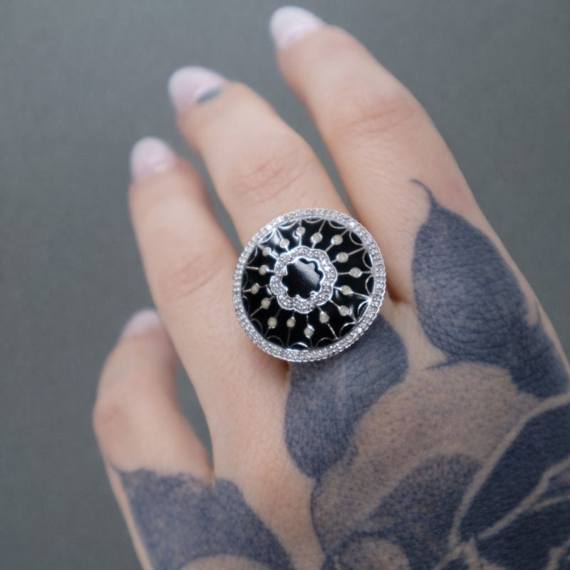 Sterling Silver Black Enamel Diamond Round Ring