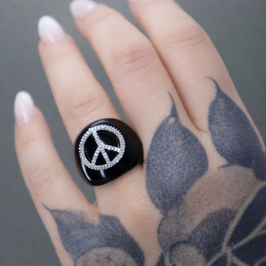 Sterling Silver Black Enamel Diamond Peace Ring
