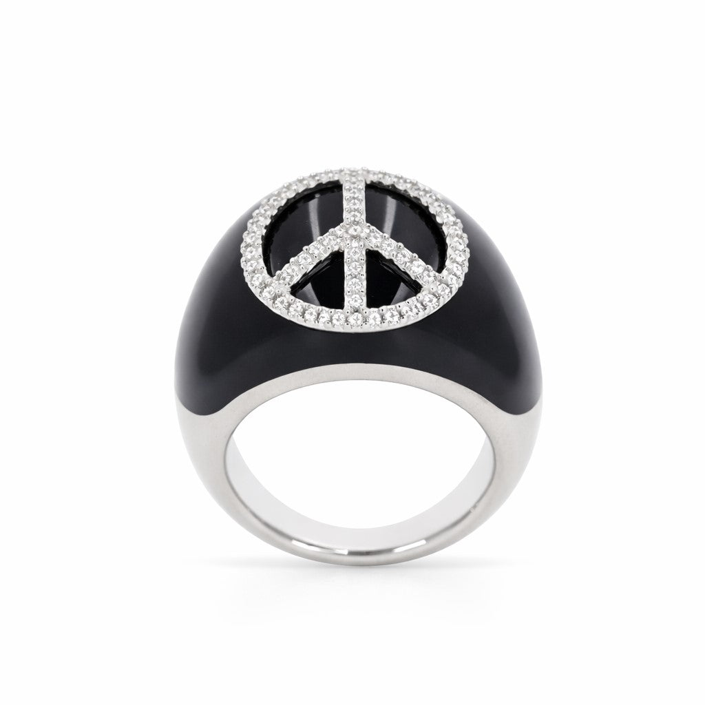 Sterling Silver Black Enamel Diamond Peace Ring