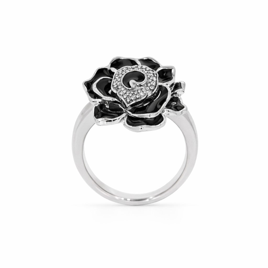 Sterling Silver Black Enamel Diamond Flower Ring