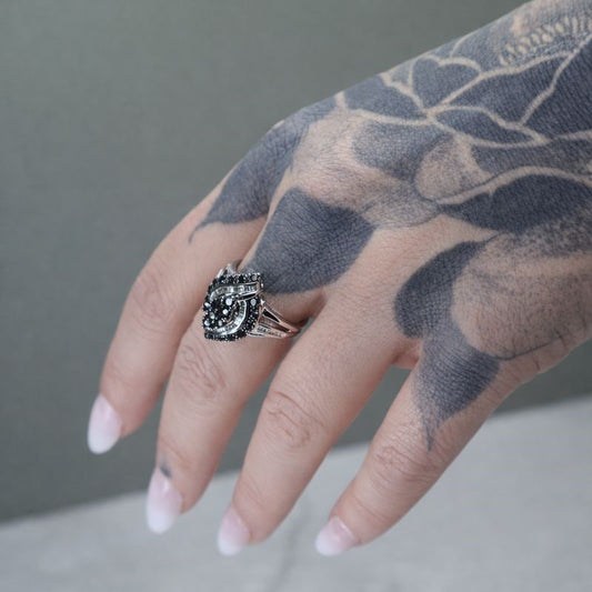 Sterling Silver Black & White Diamond Bypass Ring