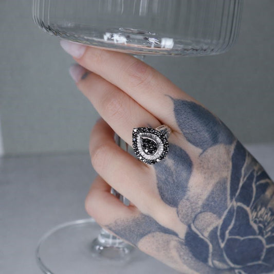 Sterling Silver Black & White Diamond Teardrop Ring