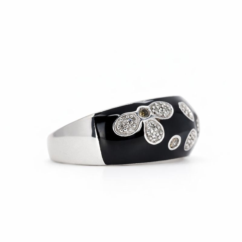 Sterling Silver Black Enamel Diamond Vintage Flower Ring