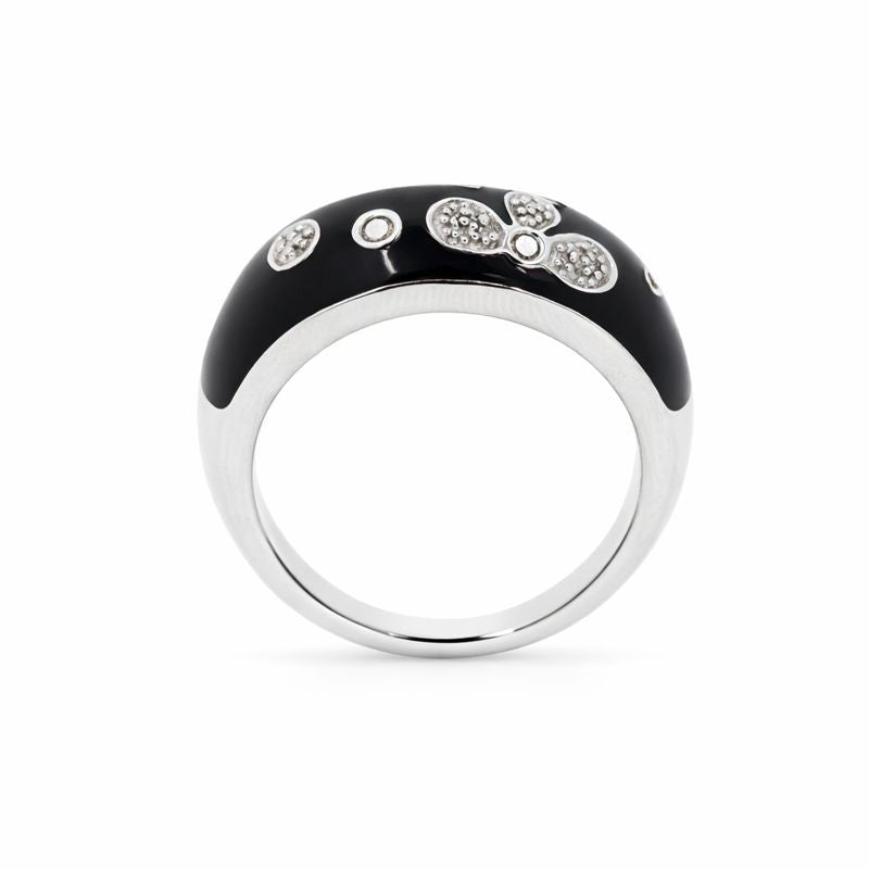 Sterling Silver Black Enamel Diamond Vintage Flower Ring