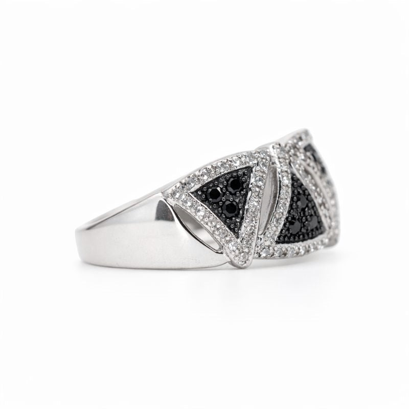 Sterling Silver Black & White Diamonds Alternating Triangle Ring