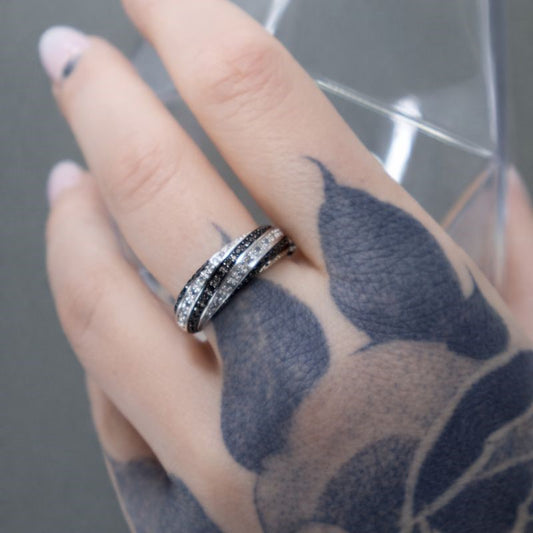 Sterling Silver White & Black Striped Diamond Ring